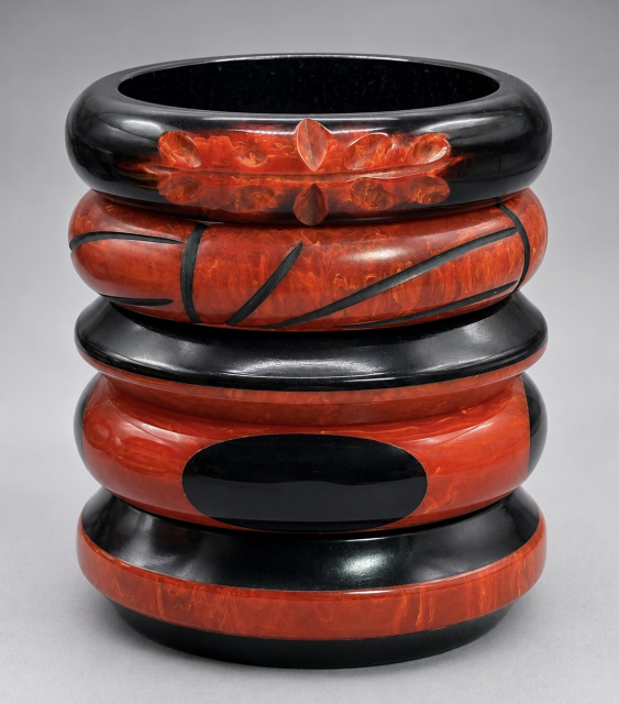BB322 paprika and black bakelite bangles stack